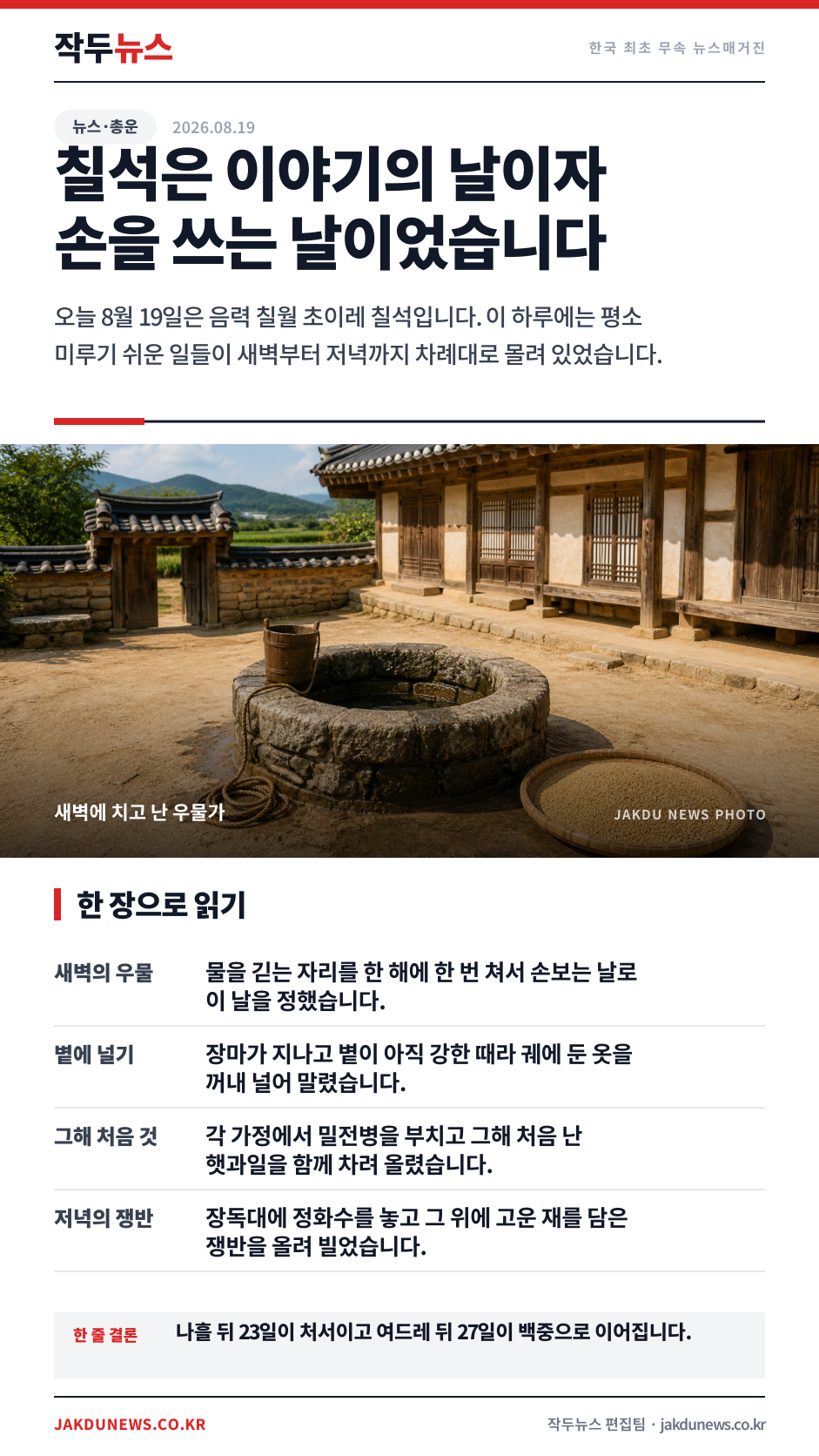 오늘 칠석 — 우물을 치던 새벽부터 재를 펴 놓던 저녁까지 · 한 장 요약 카드 · 2026-08-19