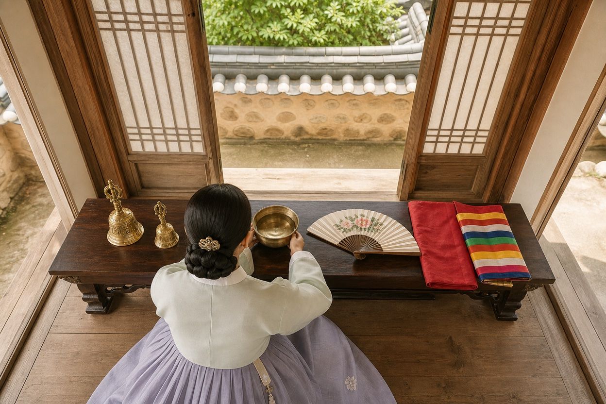 칠석 아침의 신당 — 일곱 자리 앞에 놓이는 물 한 그릇 · 본문 중간
